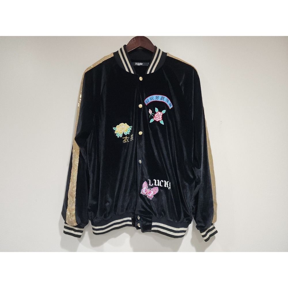 Jaded London Lucky One Velvet Bomber Jacket Women Large Black Gold Sequin Stripe